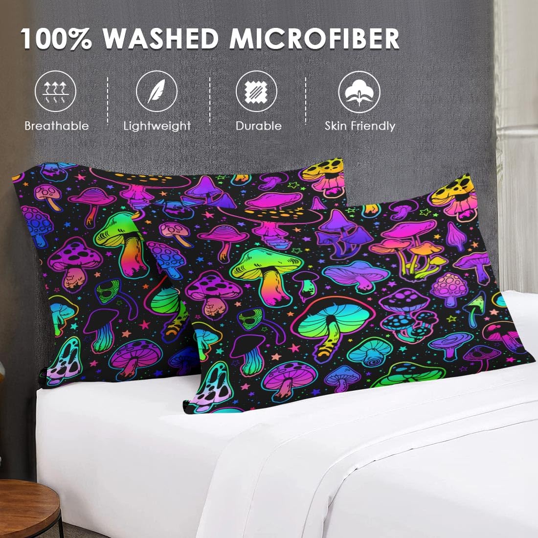 WeCozy Queen Size Comforter Set with 2 Pillowcases, Summer Halloween Mushroom Neon Soft 3 Pcs Bedding for Kids and Adults Bedroom Bed Decor