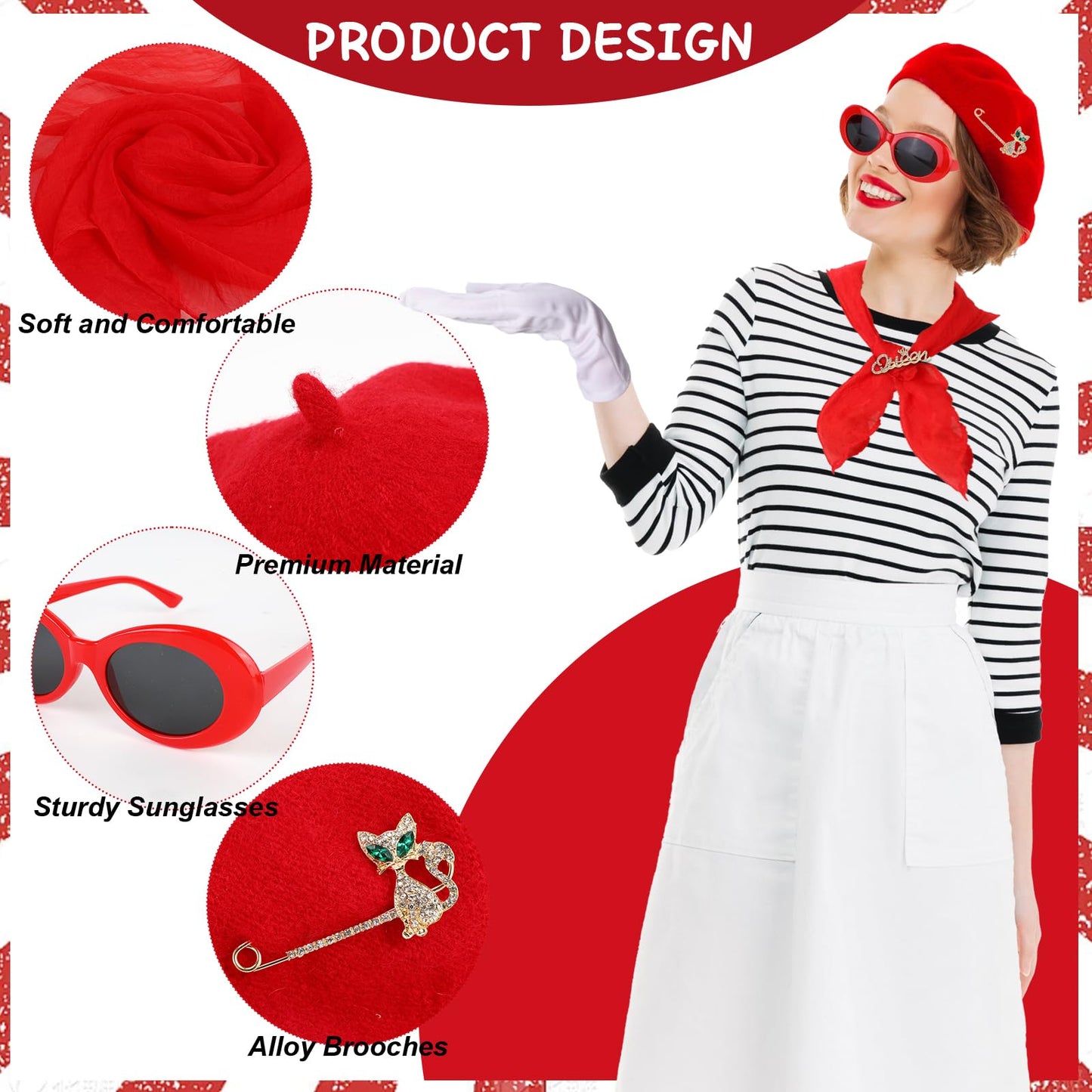 XEPST 6PCS French Women set - 50s Fancy Dress for Women with French Beret Sunglasses Scarf Gloves French Artist Mime Kit for Women Girls Halloween Costumes Cosplay Carnival Fancy Dress Up, Red, MT214
