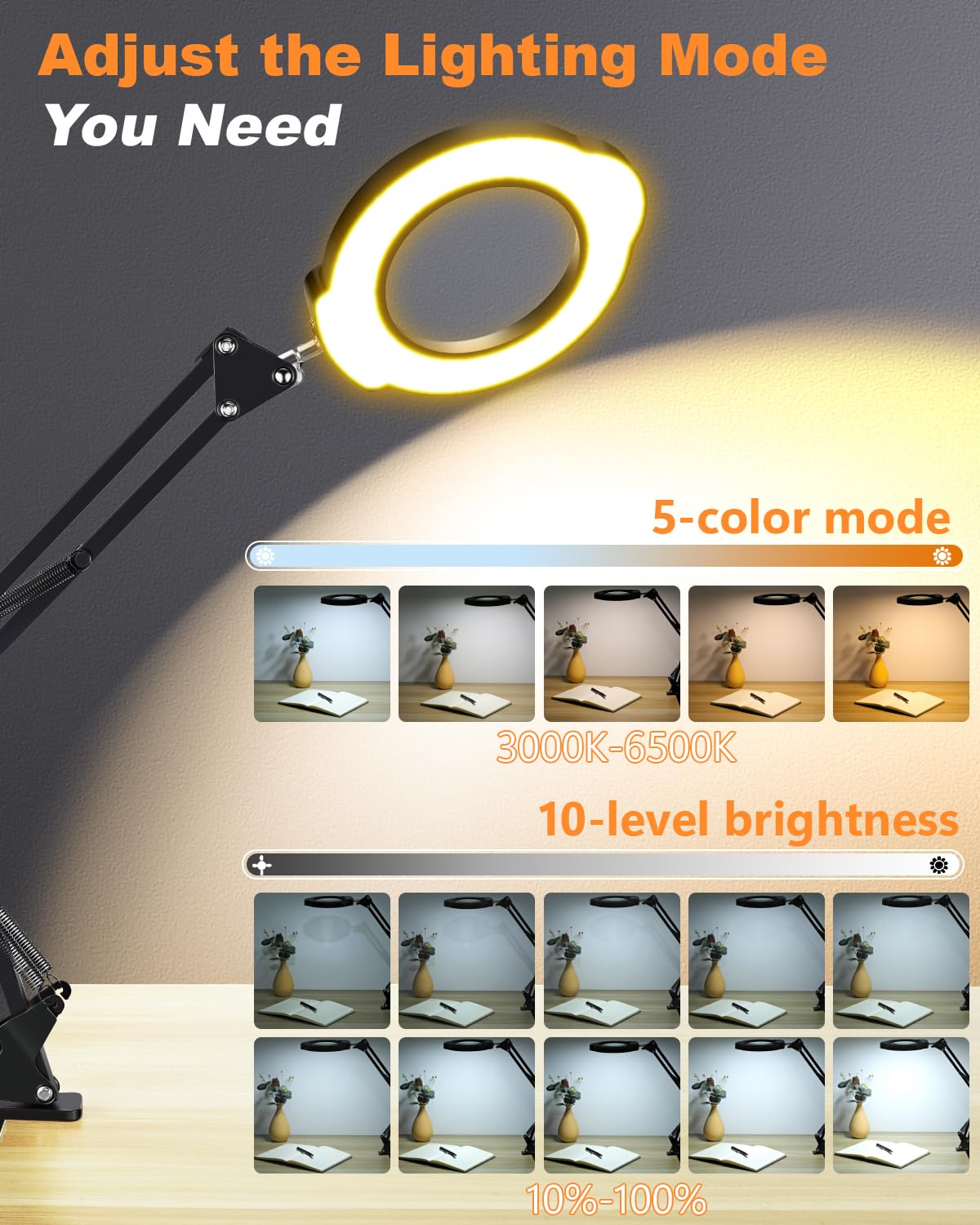 10X Magnifying Glass with Light, 5 Color Modes Stepless Dimmable LED Desk Lamp, Hands Free Lighted Magnifying Glass for Close Work Reading Craft Hobby