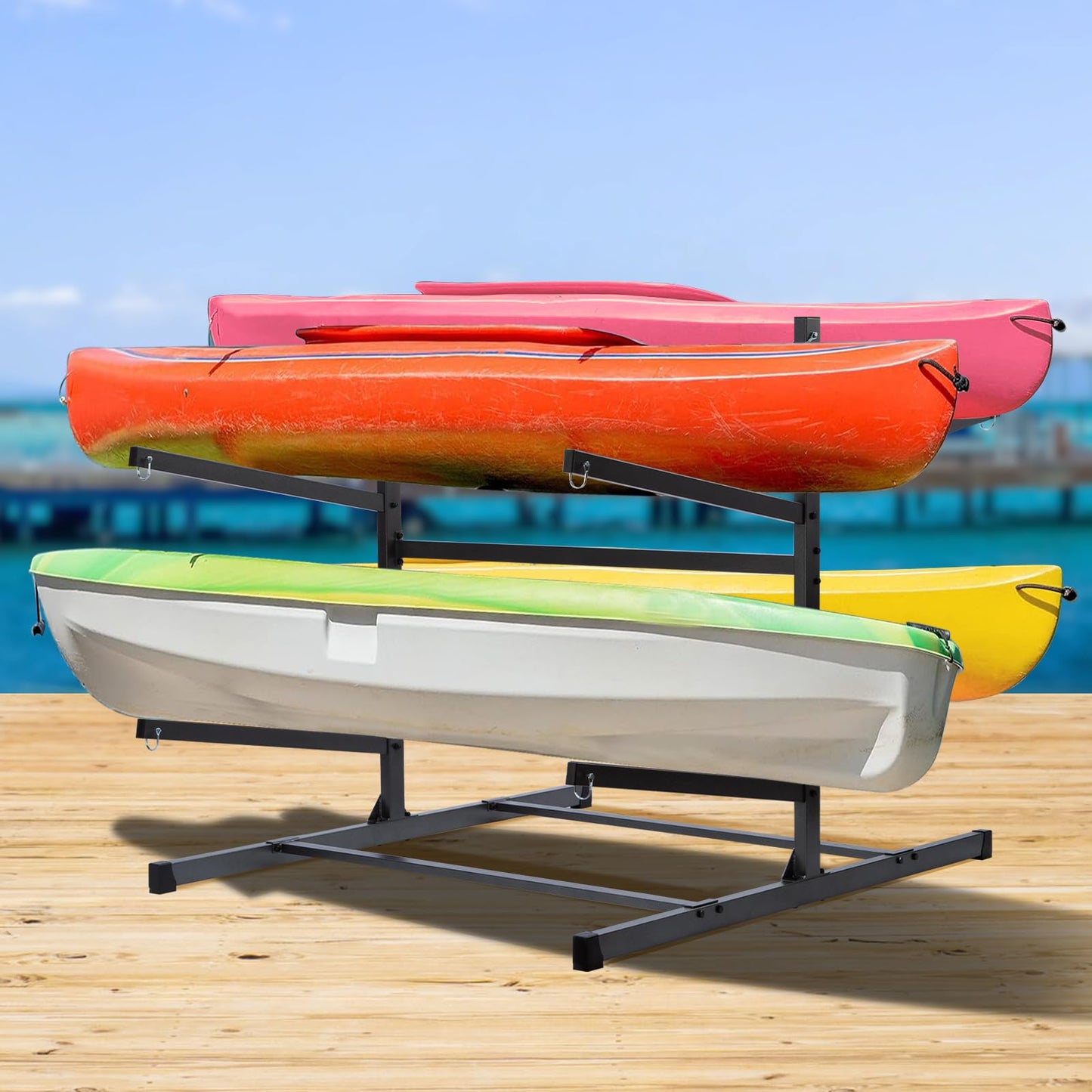 Morohope Freestanding Kayak Storage Rack Kayak Tackle Storage Heavy Duty Weatherproof Outdoor Storage Rack Storage Hooks for Kayaks, SUP, Canoe Paddleboard, 4 Levels