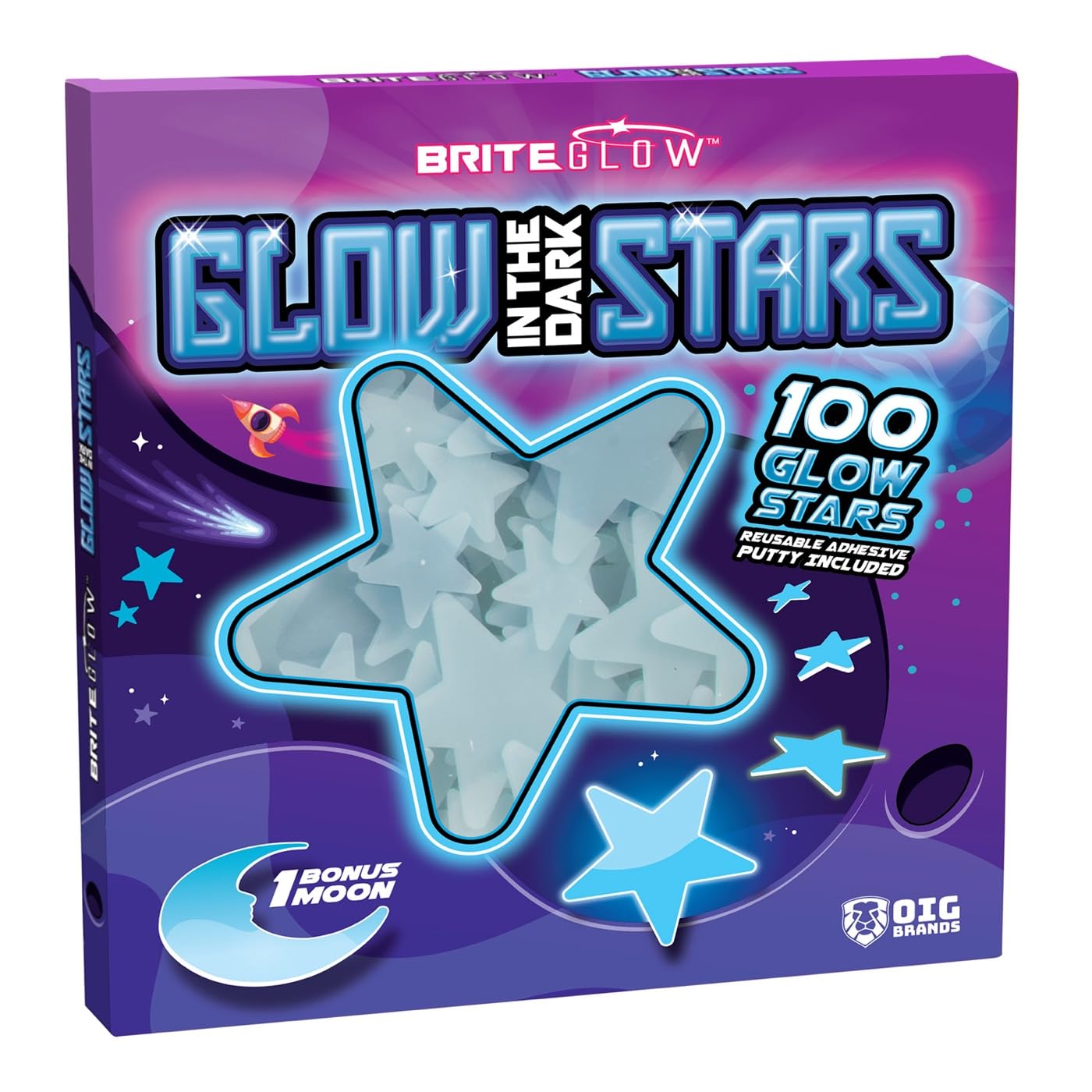 100PK Blue Glow in The Dark Stars for Ceiling Easter Basket Stuffers for Kids - Star Brite Plastic Glow Stars with Moon & Putty Ages 4,5,6,7,8,9,10,11,12 for Bedroom Space Night Light Room Non-Toxic