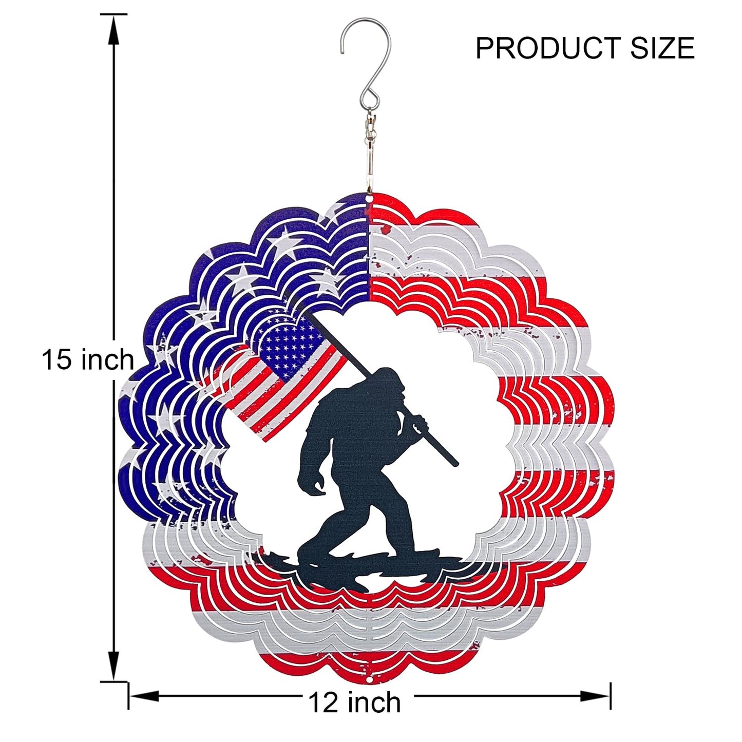 3D Patriotic Bigfoot Wind Spinner Decor - 12 Inch Metal Garden Art, Rust-Proof Outdoor Hanging Decorations, Patriotic American Flag Design, for Outdoor Lovers (Bigfoot)