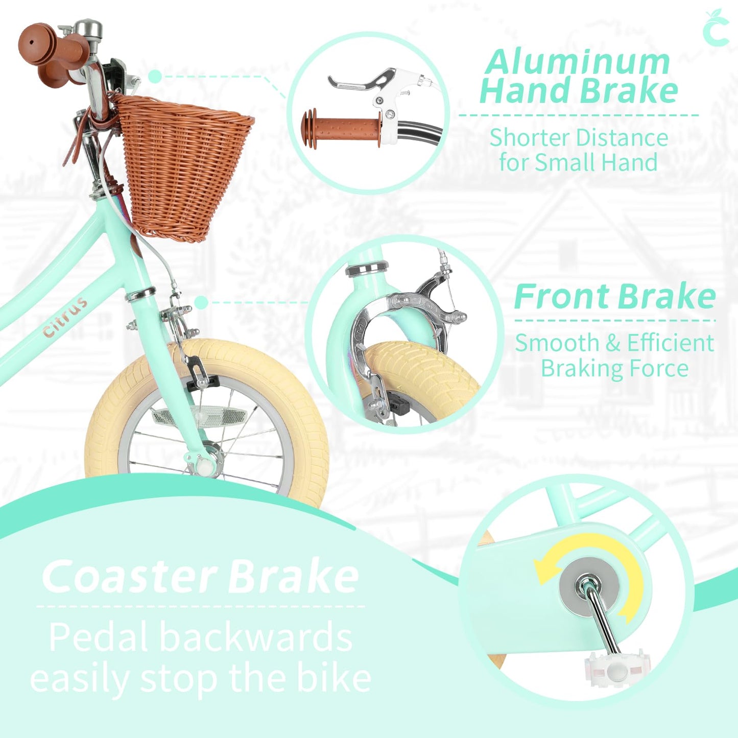 vollsch 14 Inch Little Kids Toddlers Bike for Age 7-15 Years Old Girls Retro Vintage Style Bicycles with Basket Training Wheels and Bell, Mint Green