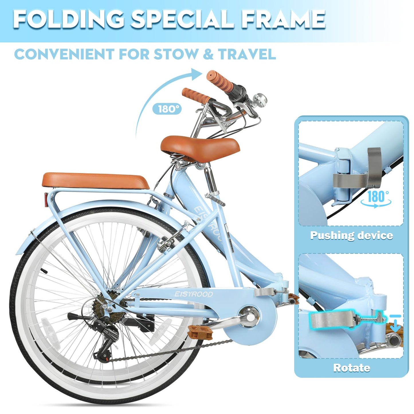 26 Inch Foding Bike, 7 Speed Women Beach Cruiser, Foldable Cruiser Bike with Adjustable Seat, Folding Commute Bike with Lightweight, Anti-Skid Tires & V-Brakes for Women (Blue)