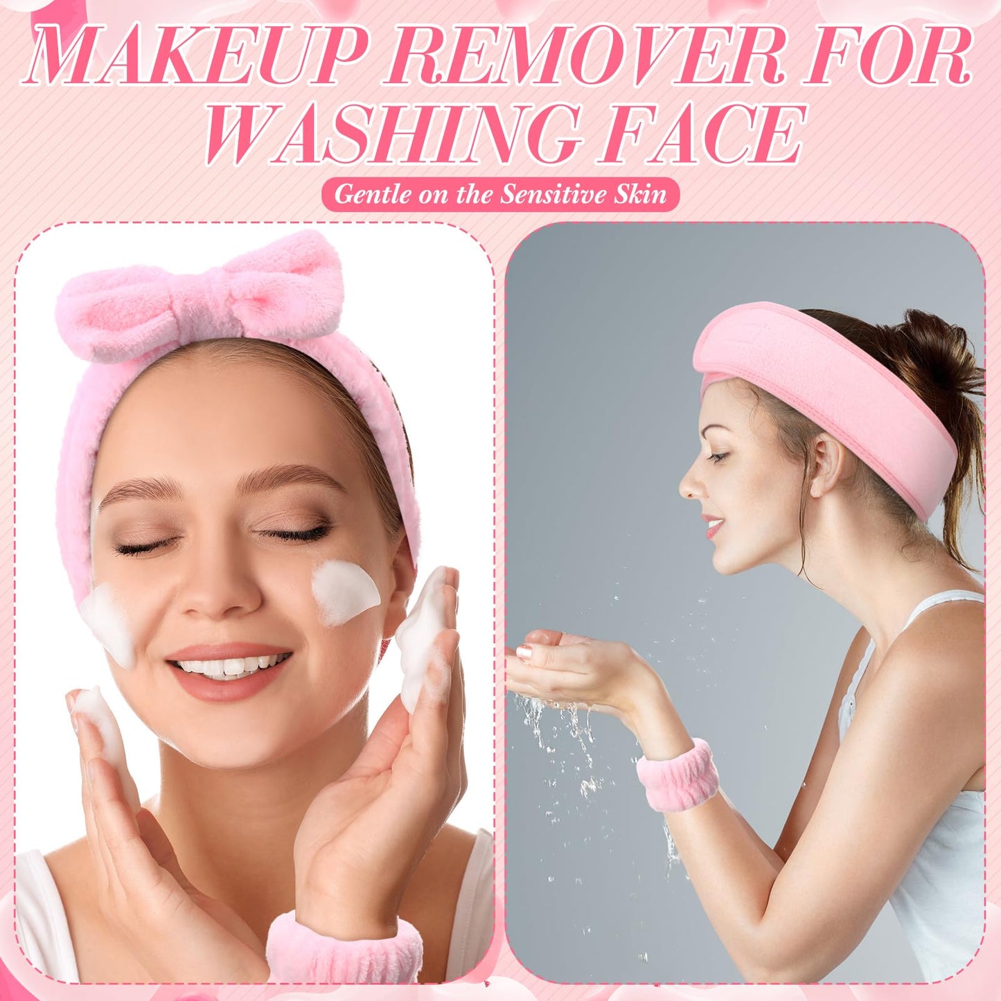 Wavyknot 16 Pcs Skin Care Headband Set Include 2 Pink Spa Headband 1 Pink Plush Sleep Eye Mask 4 Skin Care Wristbands 5 Velvet Scrunchies 1 Claw Clips 2 Bangs Clip 1 Cosmetic Bags for Spa Gift