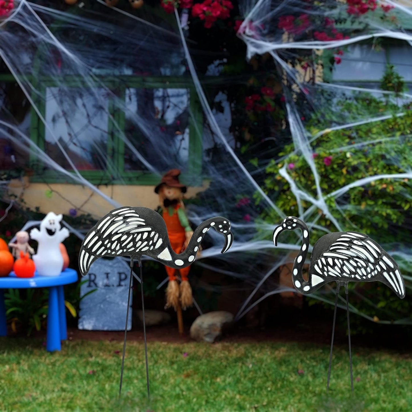 4E's Novelty Set of 2 Black Skeleton Flamingo Lawn Ornaments with Stakes for Halloween Outdoor Decorations