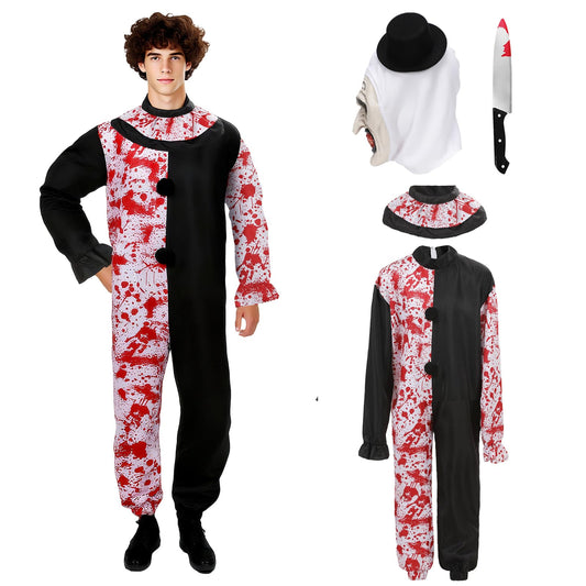 Xyeyo Adult Killer Clown Costume Mask Black and White Scary Outfits Jumpsuit Mask for Men Women (B, Small)