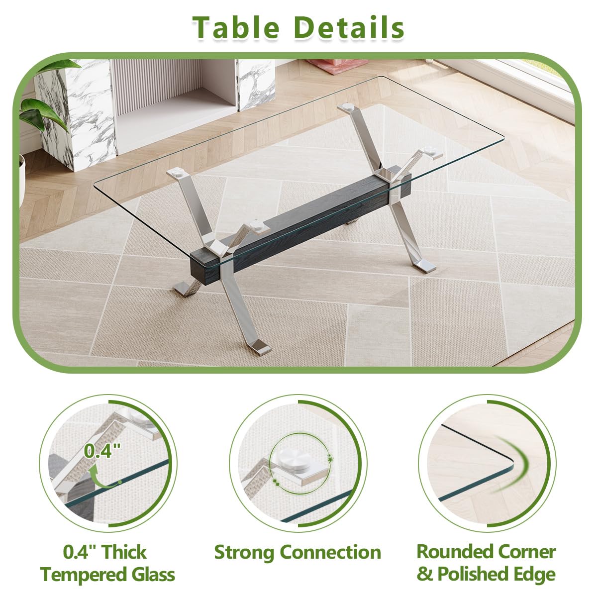 71" Glass Dining Table Set for 6, Modern Dining Table Set for 6, 0.4" Thick Tempered Glass Tabletop with Silver Chrome Metal Legs and Black Crossbar, 6 PU Chairs for Dining Room, Kitchen