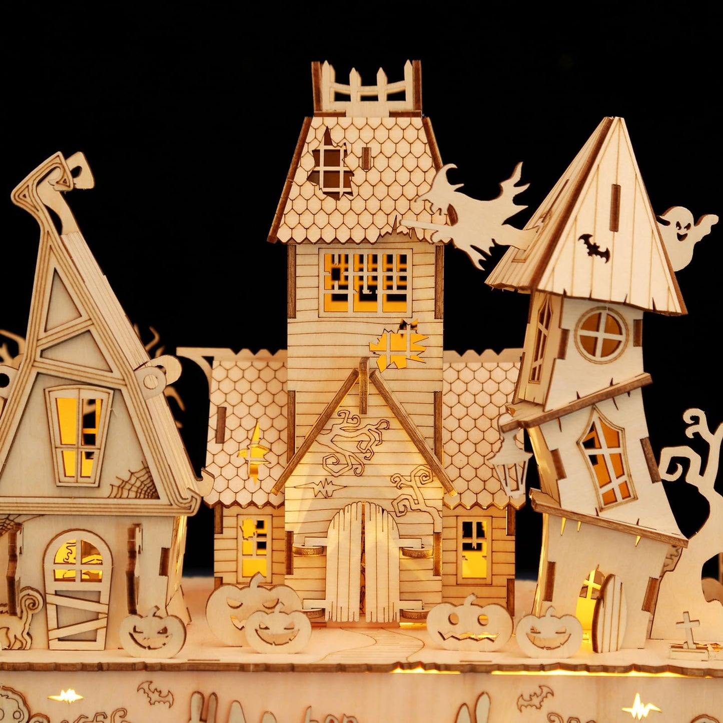3D Wooden Halloween Haunted House Puzzles, Wood Creative Glow in The Dark Haunted House Puzzle, Assembly Model Building Kits to Build for Adults & Kids, Halloween Decor Model Kits