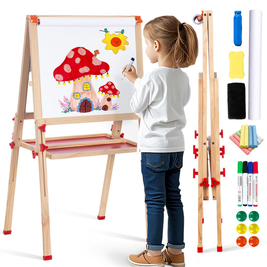 Wooden Adjustable Easel for Kids,Quick-Fold Kids Easel with Paper Roll&Accessories, Double Sided Painting Easels for Toddlers 3,4,5,6,7,8,9,10 Years,Perfect Painting Gifts&Supplies for Boys&Girls
