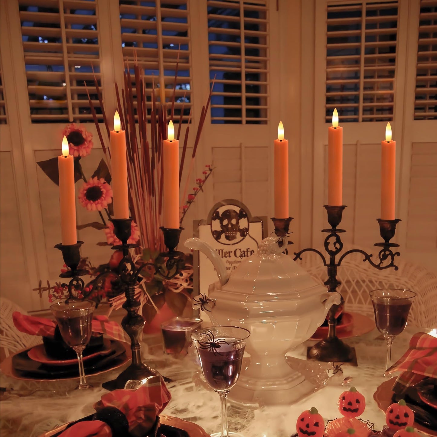 Yeelida Orange Flameless LED Taper Candles with Remote Control, 0.78"x 6.4" Long Lasting Plastic Battery Operated Flickering Short Window Candlesticks for Halloween Festival Decoration, Pack of 6