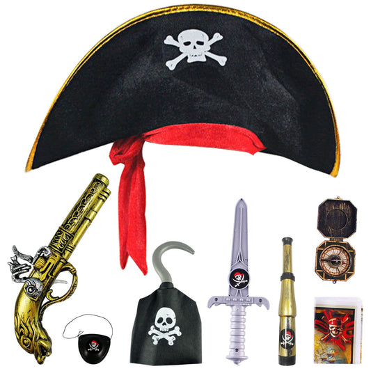 8 Pcs Pirate Accessories Halloween Kids Pirate Theme Pretend Party Toys Set Kids' Halloween Party Cosplay Dress Up Supplies with Hat Sword Pistol Eye Patch Telescope Compass Pirate Hook Map