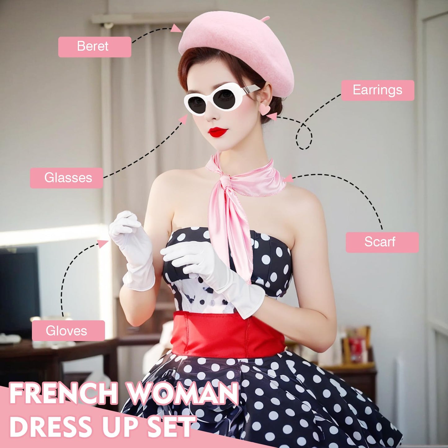 XEPST 6PCS French Women set - 50s Fancy Dress for Women with French Beret Hat Sunglasses Scarf Gloves Earrings 1950s Costume Kit for Halloween Costume Cosplay Carnival Fancy Dress Up, Lightpink