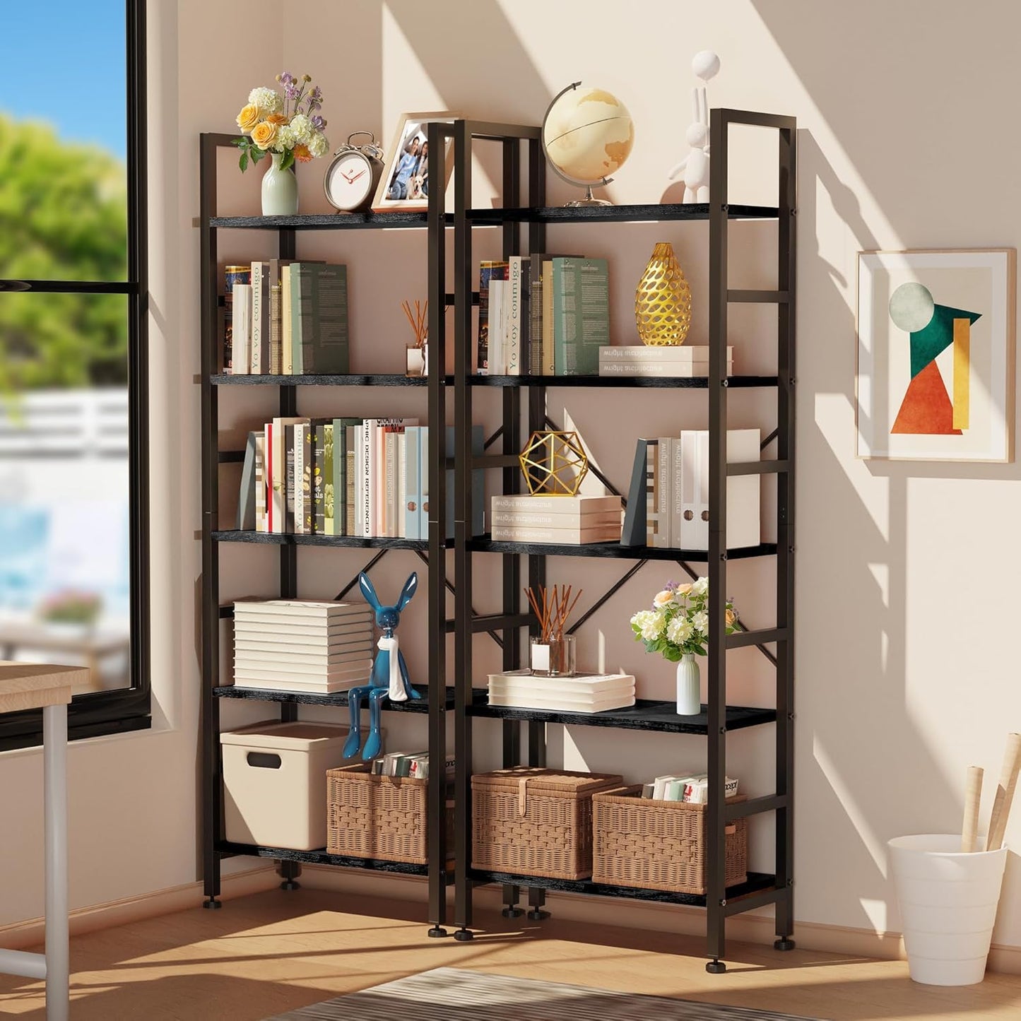 Whitmor 5 Tier Modern Industrial Corner Bookcase - Tall Bookshelf Storage Organizer for Books, CDs, Movies, Garage Supplies - Fits Bedroom, Home Office, Kitchen, Living Room - Black