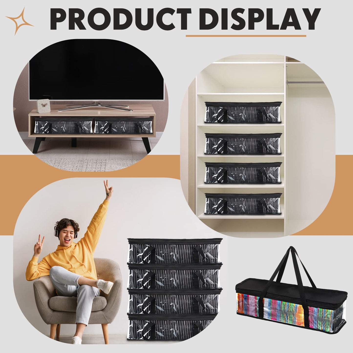 Woanger 10 Pieces CD Storage Bags Transparent PVC DVD Storage Cases Water Resistant CD DVD Holder with Handles and Zipper Clear Media Organizer for Albums Video Games(Black)