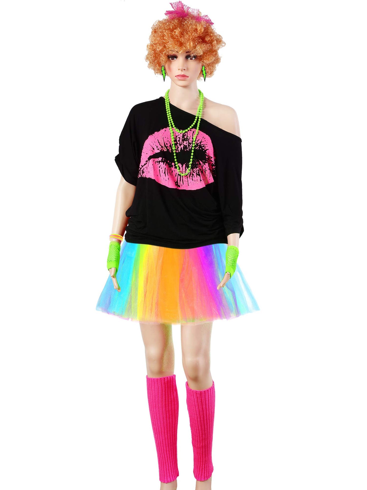 Women's 80s Outfit Costume with Accessories T-Shirt Tutu Skirt for Halloween Theme Party(Rainbow,XS)