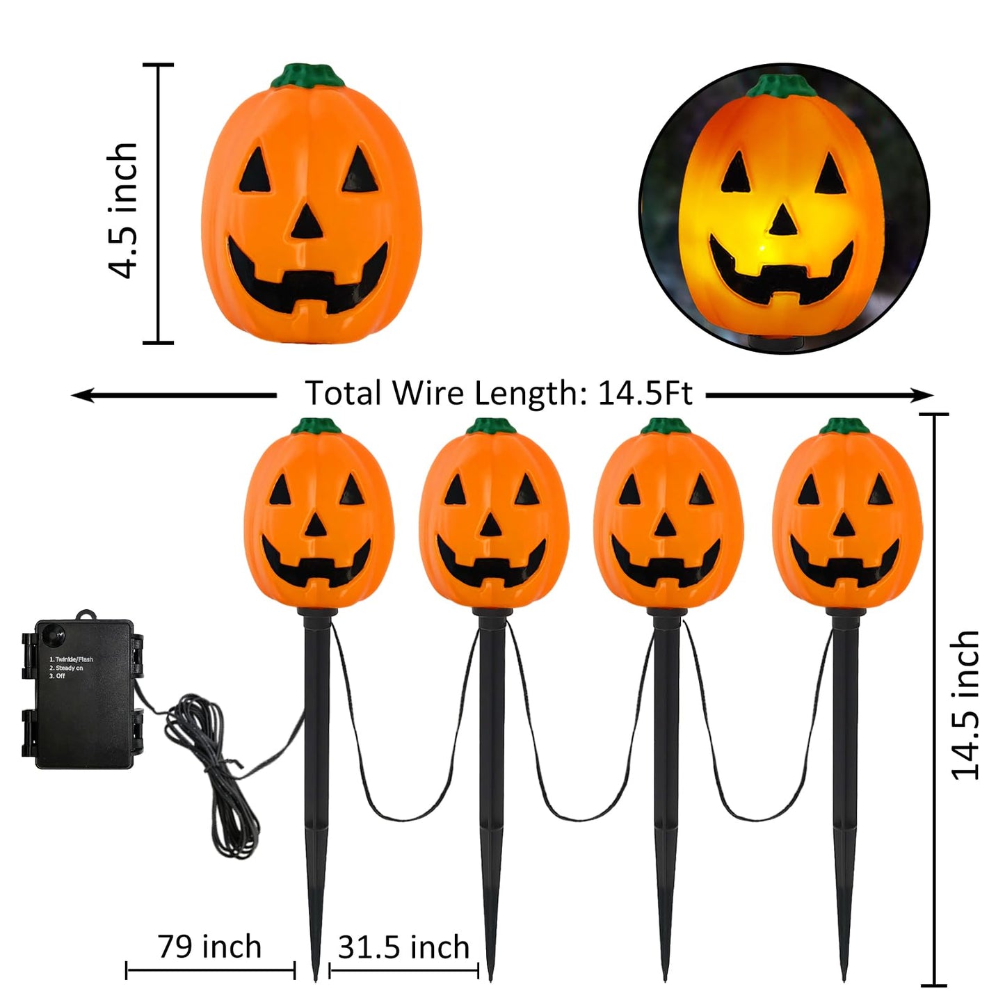 Halloween Pumpkin Pathway Lights Outdoor, Set of 4 Pre-lit Jack-O-Lanterns Pathway Markers Stake Battery Operated Waterproof for Path, Yard, Lawn, Garden, Landscape Halloween Party