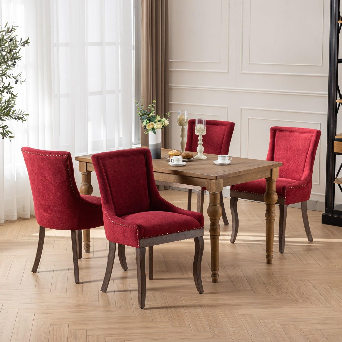 Yayzy Modern Dining Chairs Set of 4, Upholstered Fabric High Back Dining Chairs with Nailhead Trim & Solid Wood Legs for Dining Room & Kitchen, Wine Red