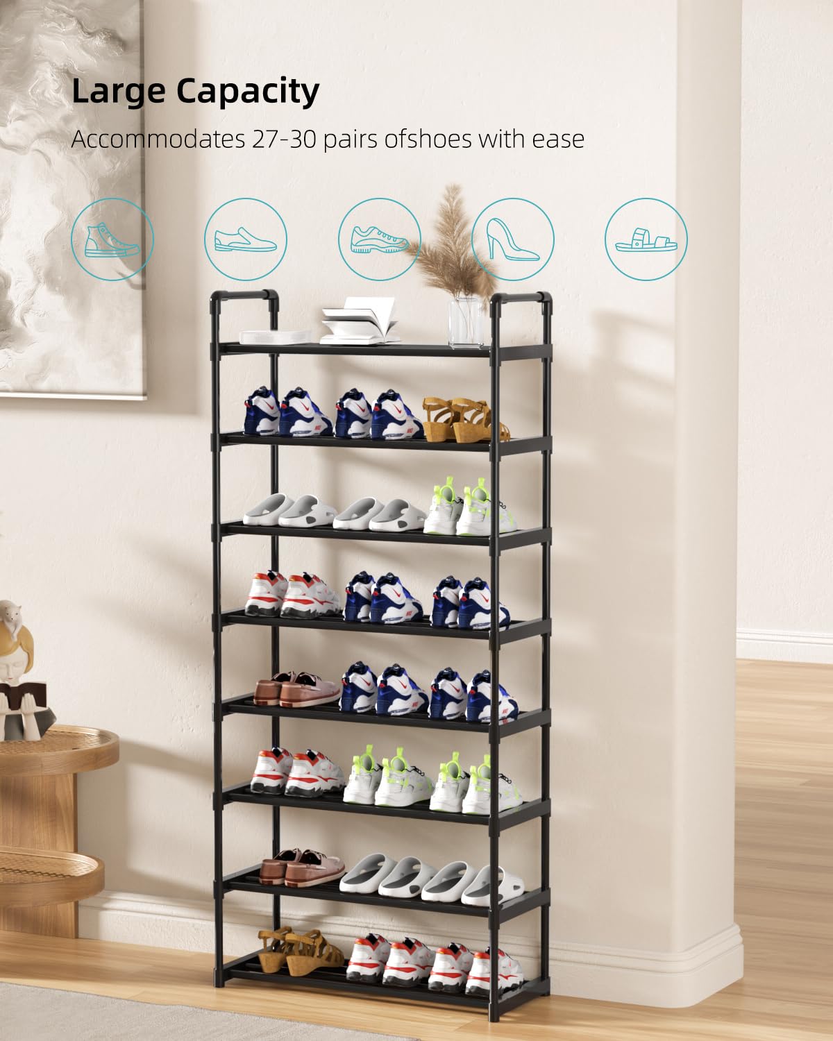 AAJZ Shoe Rack,Tall Large Capacity,Shoe Organizer, Metal Storage Shelf, for 24-27 Pairs, for Entryway,Closet, Bedroom Black (8 Tiers)