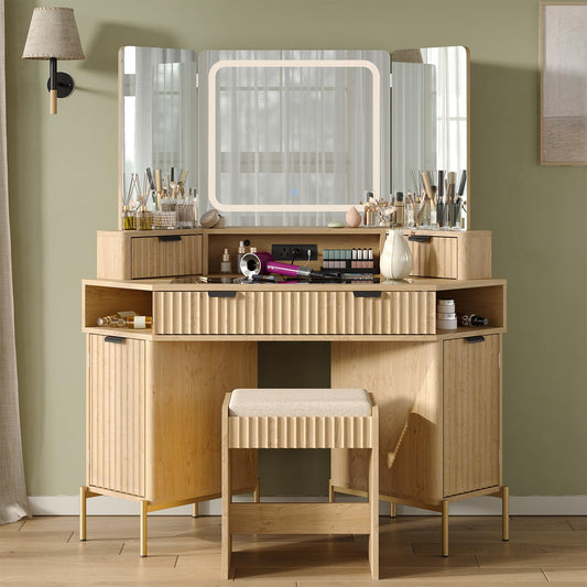 48'' Modern Vanity Desk with HD Triple Mirror & Lights,Large Corner Vanity Table with Glass Top, Charging Station,1Multifunctional Drawers & 2 Small Drawers, Dressing Table Set with 2 Cabinets, Oak