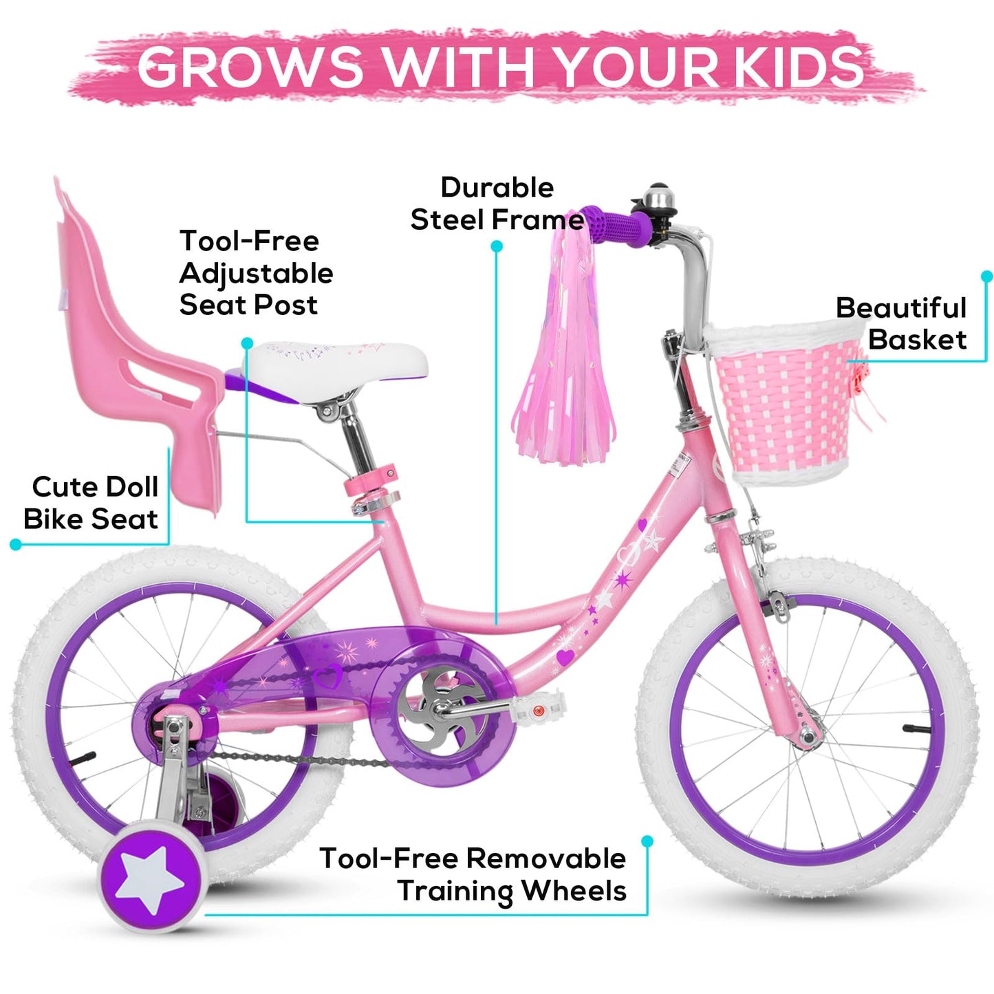 WEIZE Girls Bike for 3-12 Years Old Kids, 14 16 20 Inch Kids Bike with Training Wheels, Streamers, Basket and Doll Seat, Children Bicycles with Coaster Brake, Multiple Colors