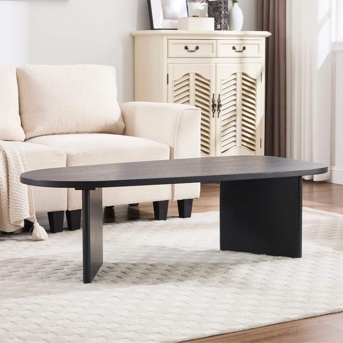 Ya-Home Black Coffee Table, Mid Century Modern Living Room Table with Irregular Surfboard Shape Top Solid Base, 51” Side Table Reception End Table for Office, Balcony, Black