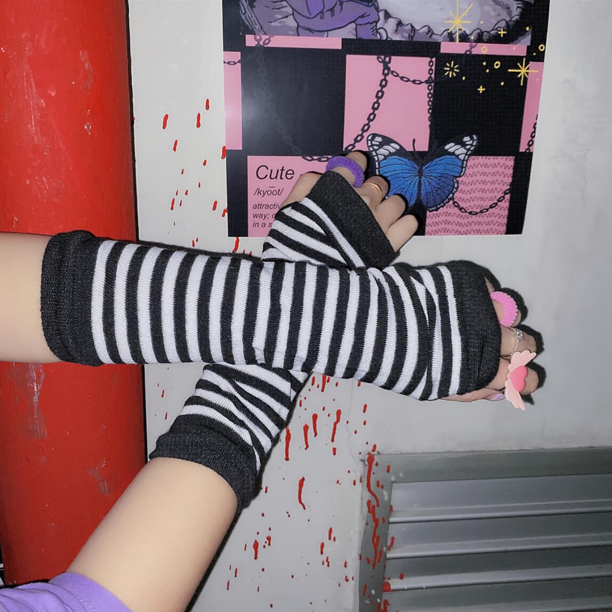 VTTDB Arm covers cute women kawaii japanese harajuku Goth Half Finger Knitted Arm Warmer Y2K Gloves Arm Sleeve for girl (black)