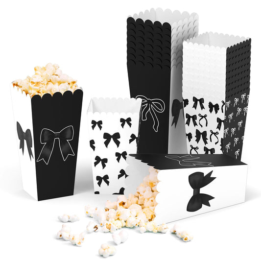 20Pcs Black Bow Popcorn Boxes, Bow Movie Night Popcorn Bags for Party, Black Bucket Containers for Birthday, Bridal Shower Bachelorette Graduation Party Decor (S + L)