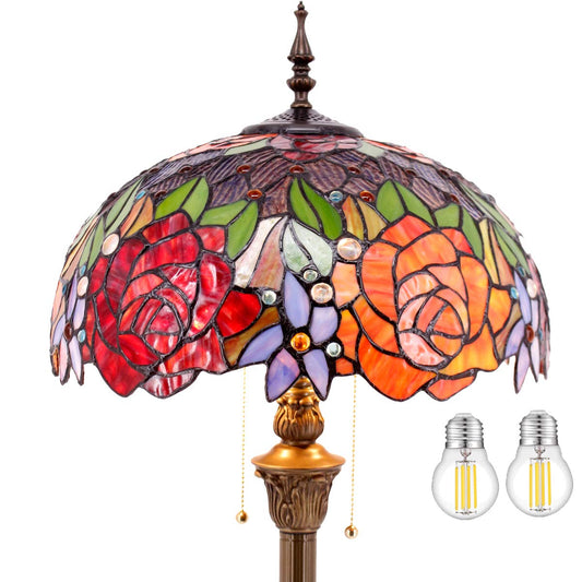 WERFACTORY Tiffany Floor Lamp Red Yellow Rose Stained Glass Standing Reading Light 16X16X64 Inches Antique Pole Corner Lamp Decor Bedroom Living Room Home Office S001 Series
