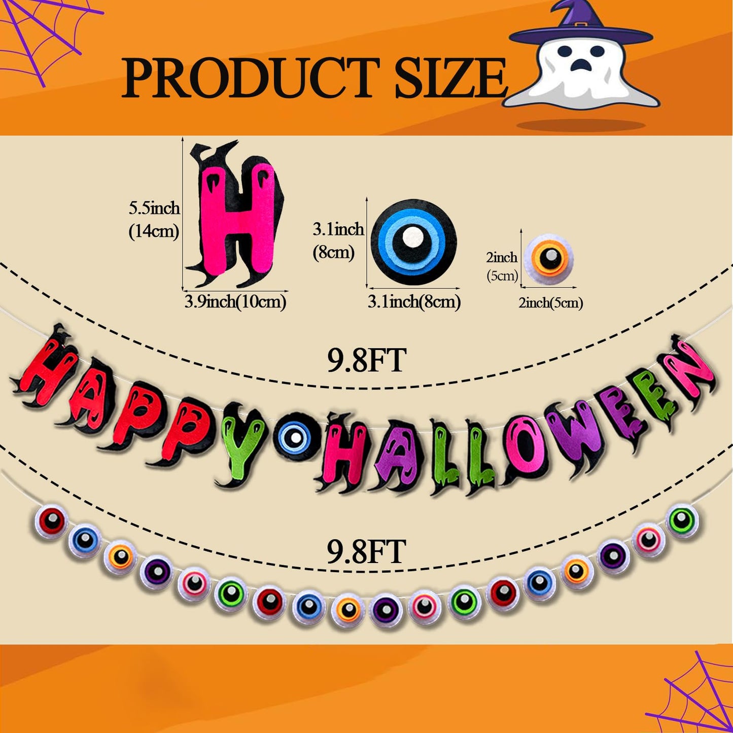 2Pcs Felt Halloween Banner Decorations, Pre-Strung Happy Halloween Garland with Eyeballs, Reusable Halloween Party Decorations for Mantle Wall Mantel Fireplace Home Indoor Outdoor Décor