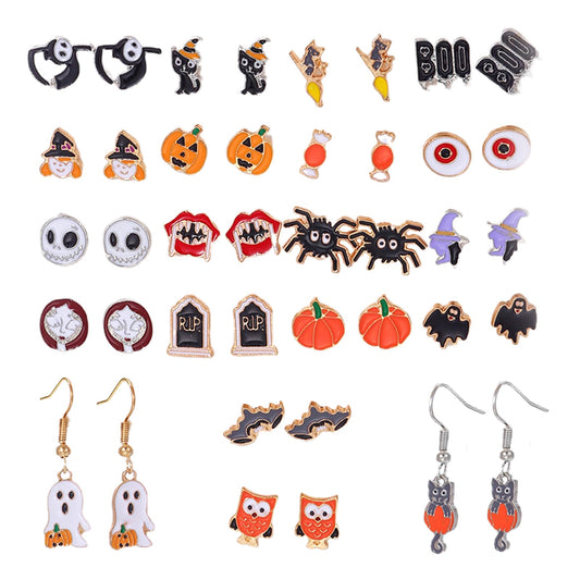 2025 pack of 20 pairs Halloween Earrings for Women Funny Costume Accessories Pumpkin Spider Ghost Boo Bulk Earrings Set for All Saint's Day Jewelry for Her-20 pairs Earrings
