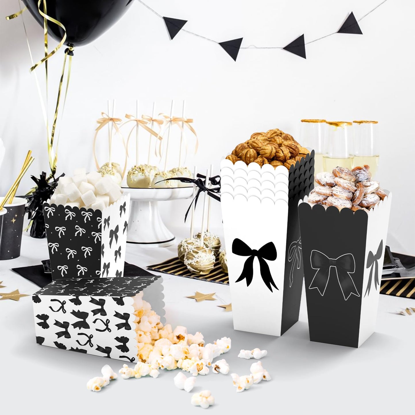 20Pcs Black Bow Popcorn Boxes, Bow Movie Night Popcorn Bags for Party, Black Bucket Containers for Birthday, Bridal Shower Bachelorette Graduation Party Decor (S + L)