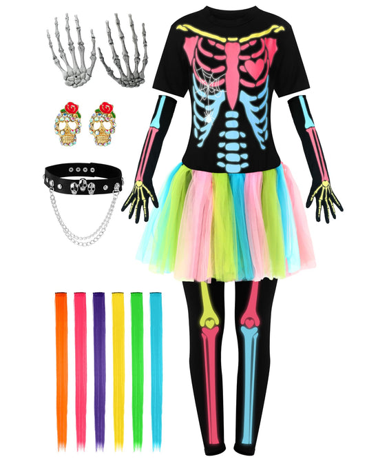13 Pcs Halloween Glow in The Dark Skeleton Costume for Women Adult Set Funky Punk Bones Colorful Tutu Dress Hairpiece(M)
