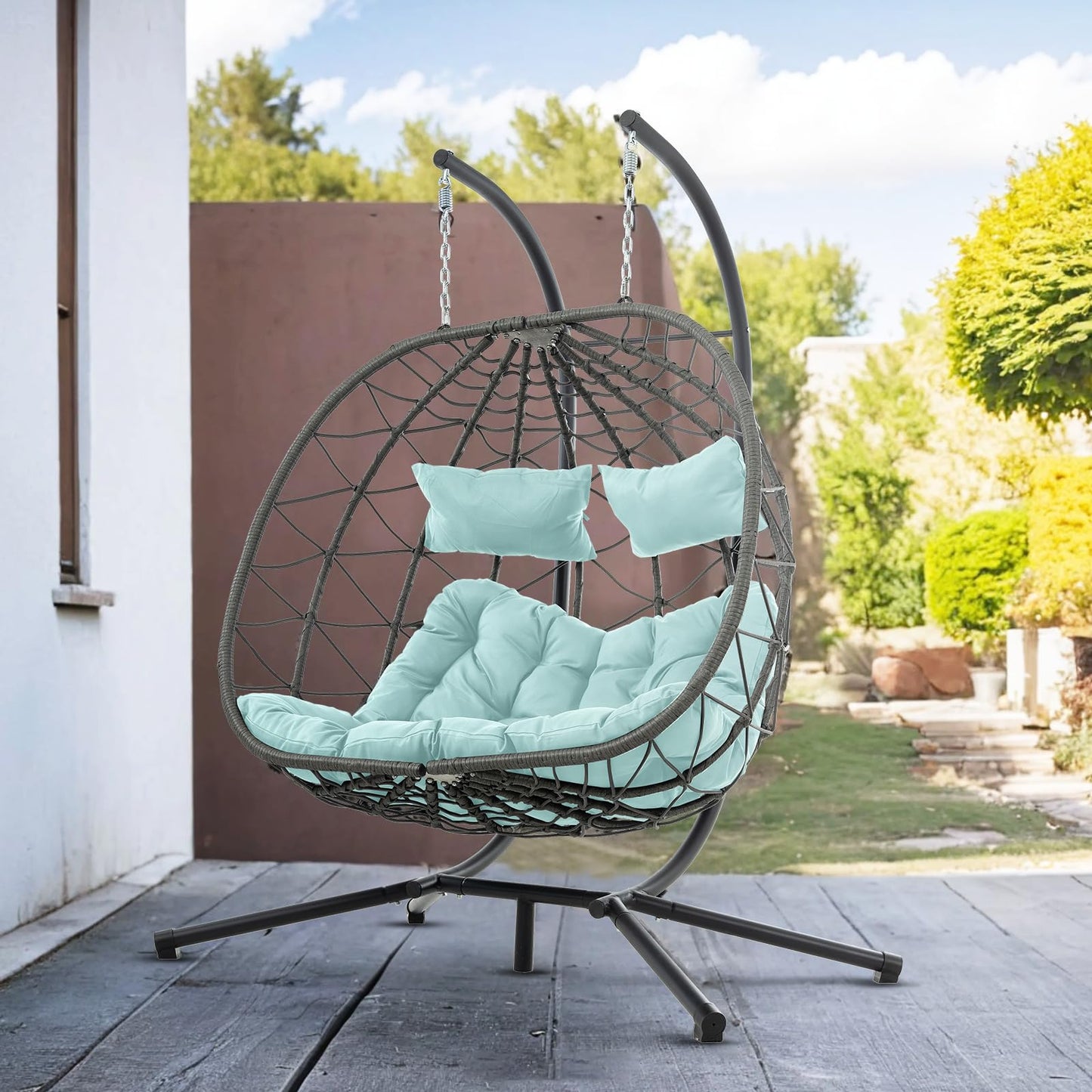 2 Person Double Egg Swing Chair with Stand Indoor Outdoor, Hammock Swing Chair Foldable Hanging Chair, Patio Wicker Hanging Egg Chair w/Cushion 700LBS Capacity for Bedroom, Balcony, Garden, Blue