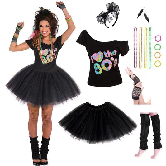 Women's 80's Costumes with Accessories Set Black Tutu Skirt Earrings Necklace Bracelets Fishnet Gloves Legwarmers Headband Small(2-4)
