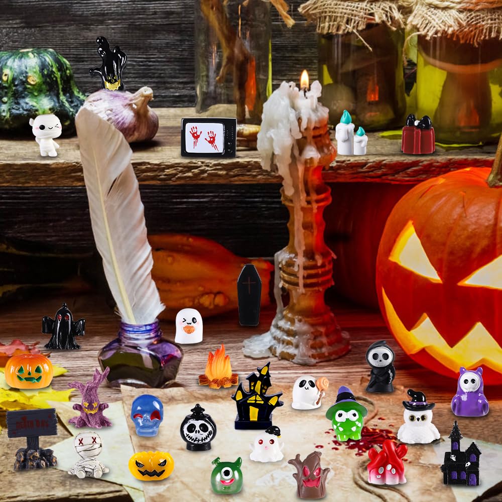 50pcs Halloween Mini Resin Figures 50 Styles Tiny Resin Figurines Little Small Figures to Hide Pumpkin Ghost Skull Miniatures Bulk for Halloween Party Favors Bag Fillers Garden Dollhouse Decor