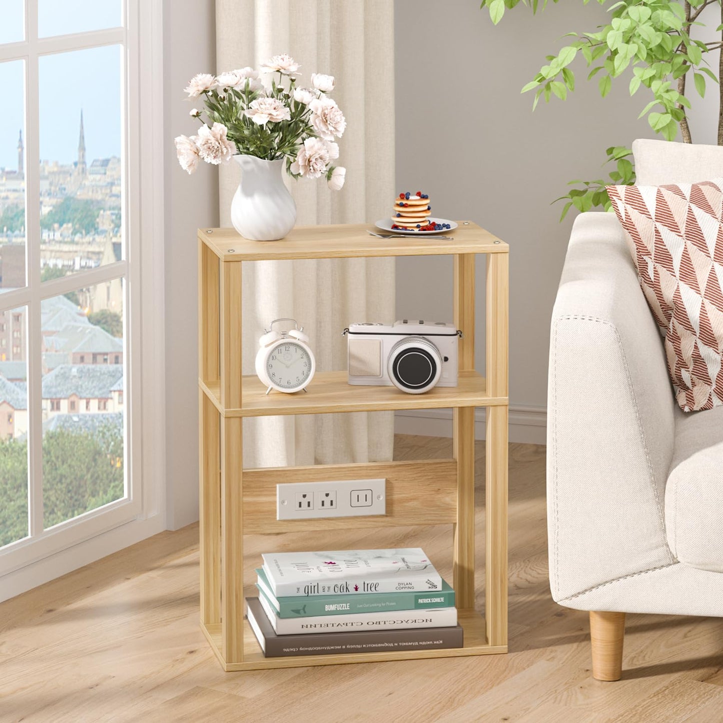 3-Tier Small Narrow Bamboo Side Table with Charging Station, Skinny Nightstand for Small Space, Slim Bedside Table with Storage for Couch, Wooden Thin End Table with USB Ports and Outlets, Natural