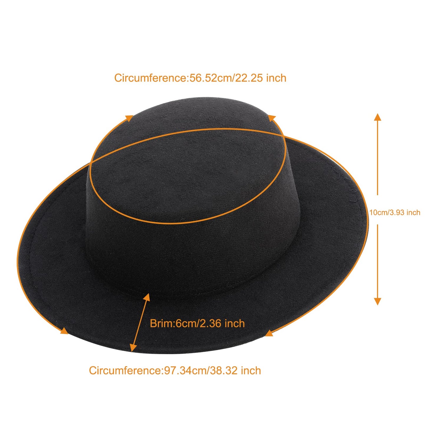 YEAJOIN Fashion Classic Black Fedora Flat Hat Medium Size, Wide Brim Jazz Hats Church Derby Cap for Women and Men