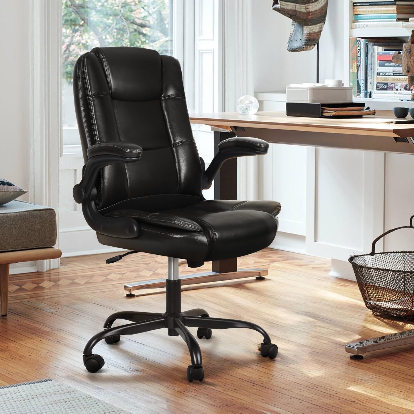 VITESSE Ergonomic Office Chair with Flip-up Armrests, Big and Tall Leather Executive Office Chair, High Back Lumbar Support Home Computer Desk Chair, Heavy and Duty Computer Chair (Black)