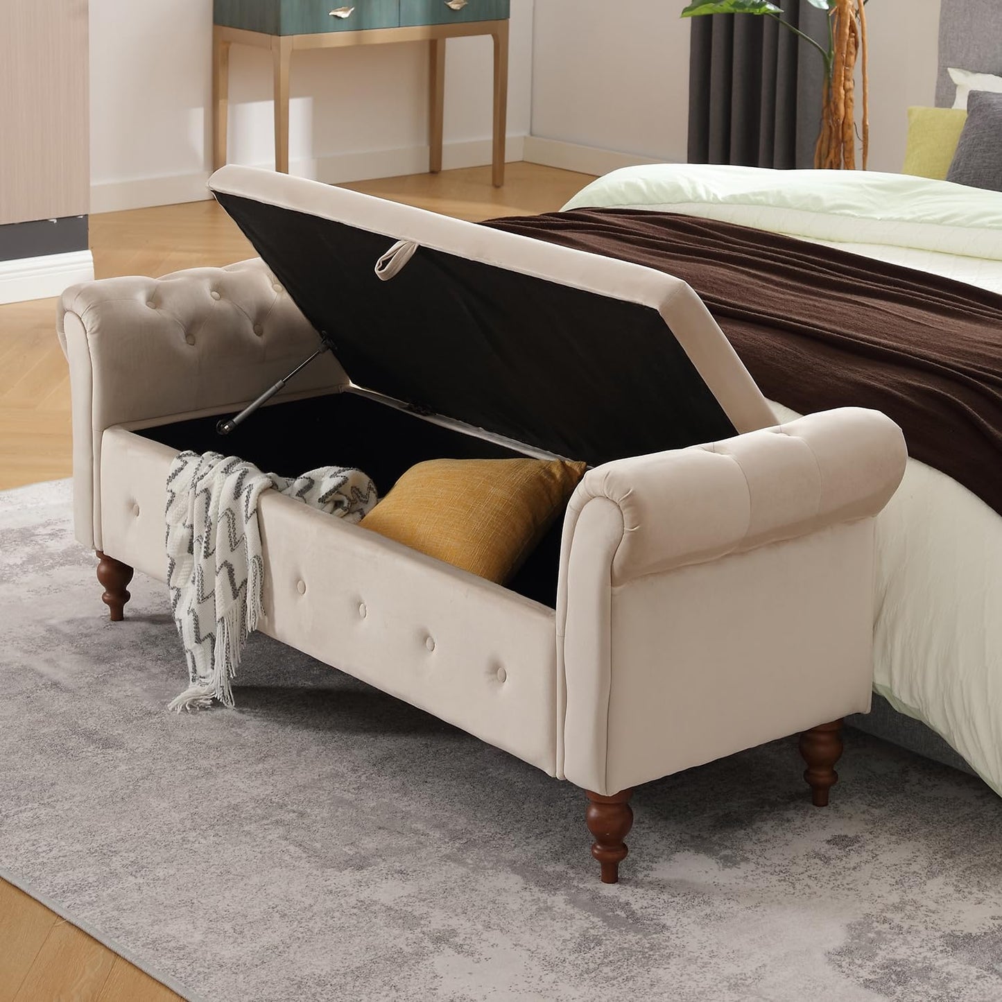 Virabit 63'' Storage Ottoman Bench for Bedroom, End of Bed Bench with Arms, Velvet Storage Bench with Button for Entryway, Living Room,Hallway, Large Organizer Bench Foot Rest (Beige)