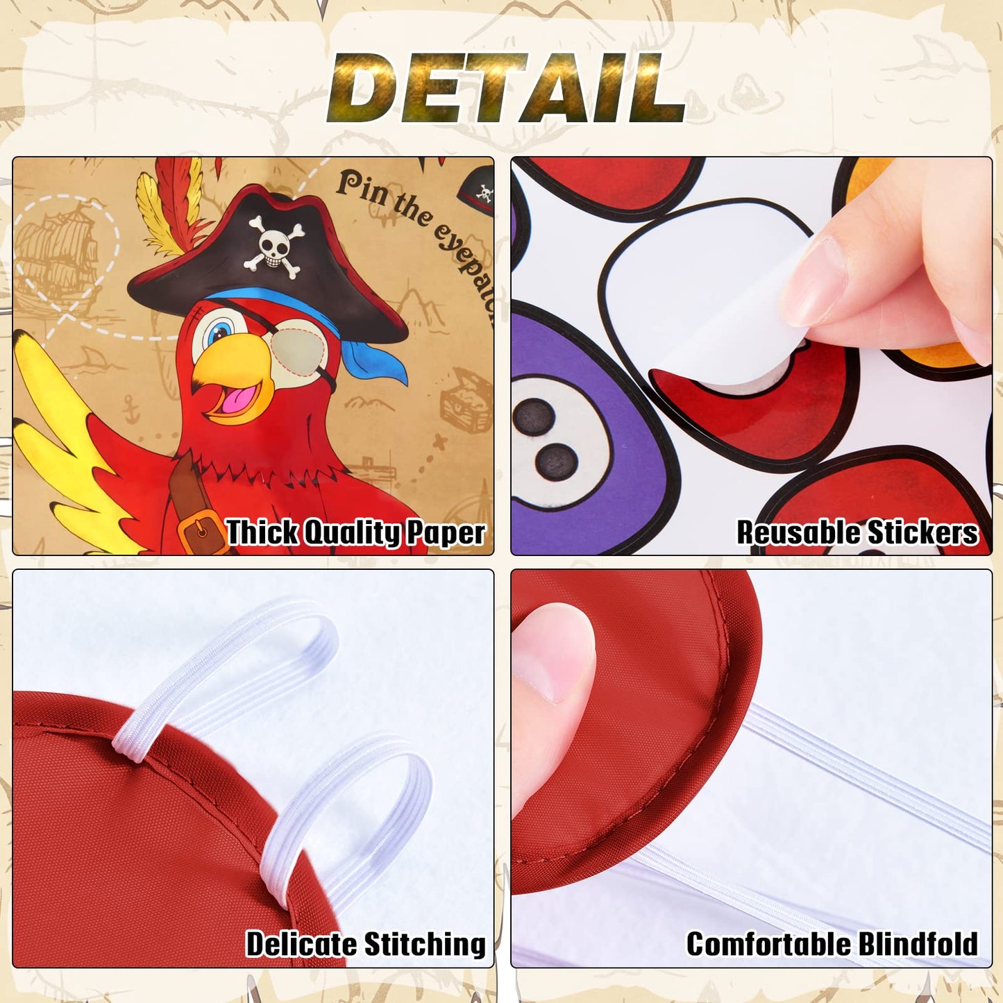 WERNNSAI Pin The Eye Patch on The Pirate - Kids Birthday Party Games Pirate Party Decorations for Kids Boys 28'' x 21'' Parrot Poster with 24 PCS Stickers Halloween Birthday Party Favor