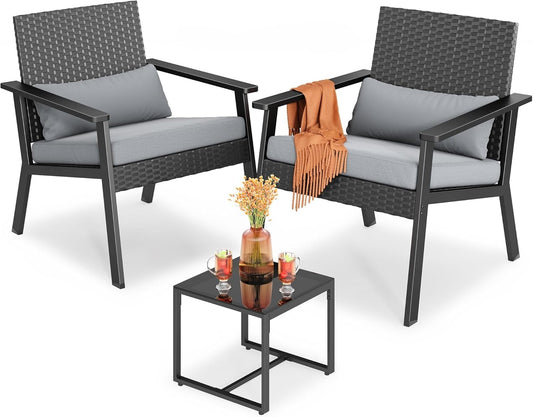 Ahomly 3-Piece Wicker Small Outdoor Patio Furniture Set with Glass Table for Balcony, Porch, and Garden (Gray)