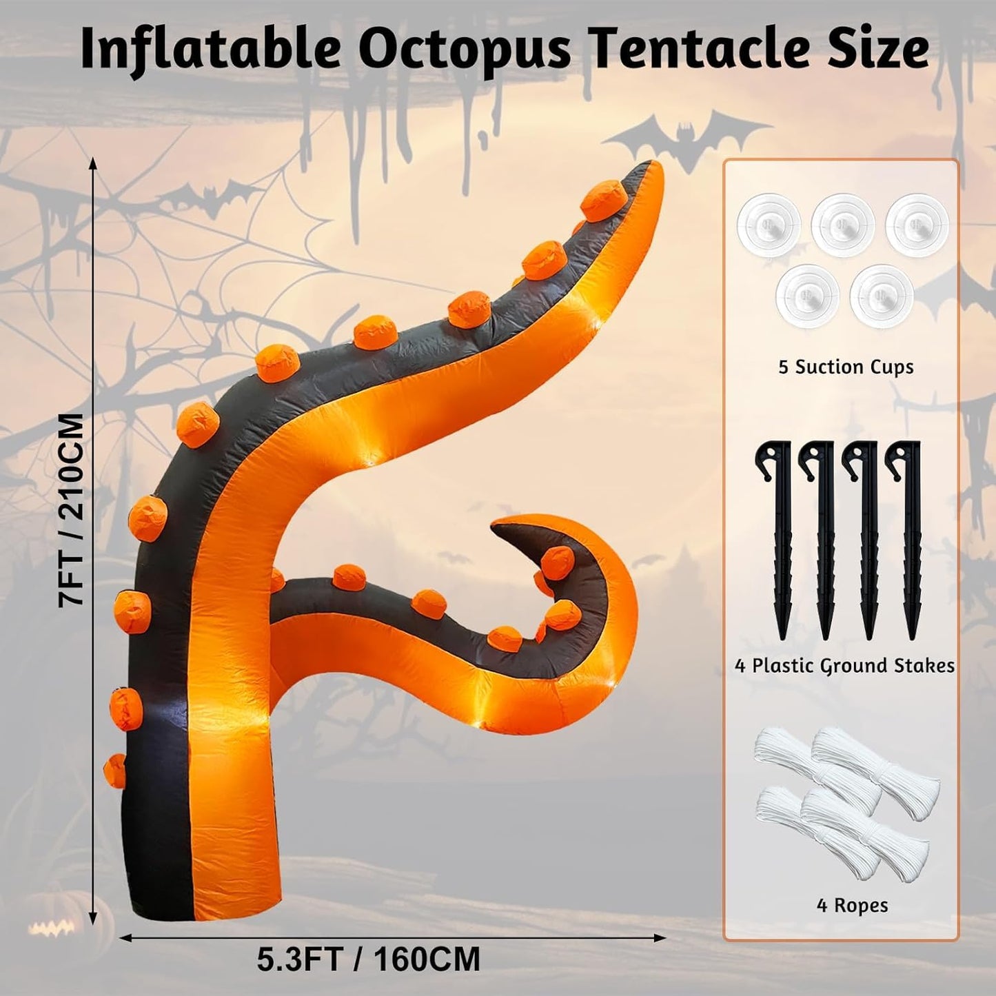 7 FT Halloween Inflatables Octopus Tentacle, Blow UpTrunk or Treat Car Decorations with Built-in LED Lights, Octopus Arm Legs Windows Decorations for Halloween Outdoor Party, Yard, Garden Décor (1PCS)
