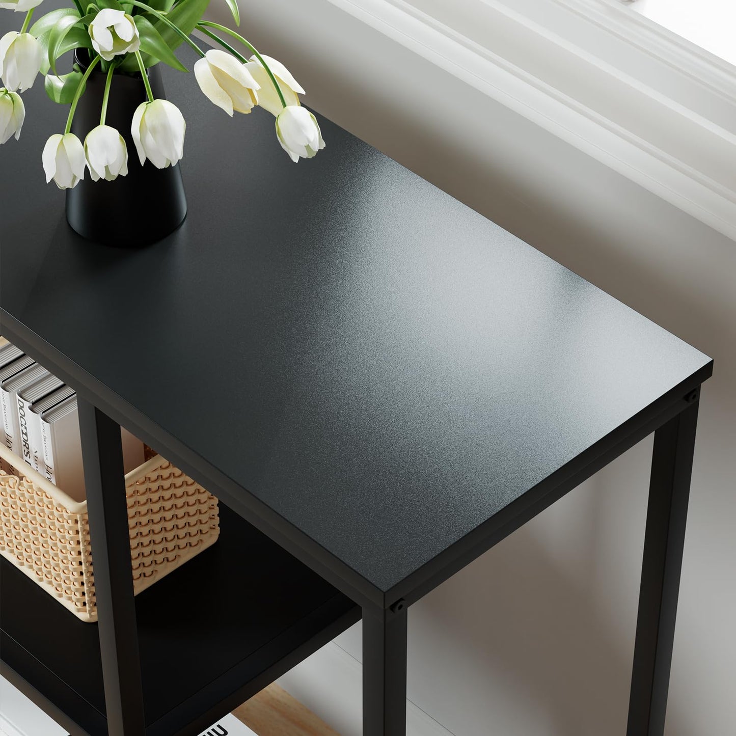 WOHOMO Console Table, 12'' Narrow Entryway Table for Living Room, 31.5'' x 31.5'' Black Industrial Sofa Table with 3-Tier Storage Shelves for Corridor, Hallway, Black