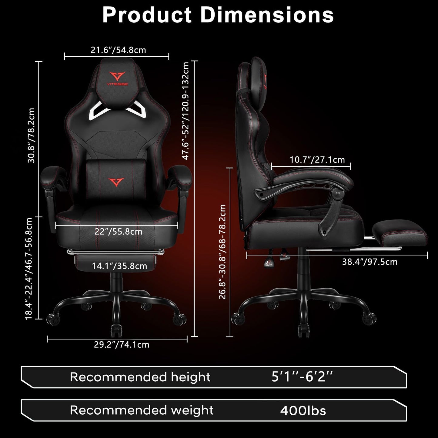 VITESSE Big and Tall Gaming Chair 400lb Weight Capacity with Footrest, Ergonomic Video Game Chair for Adults with Oversized Headrest and Lumbar Pillow, Computer Chair Gaming for Office (Black+Red)
