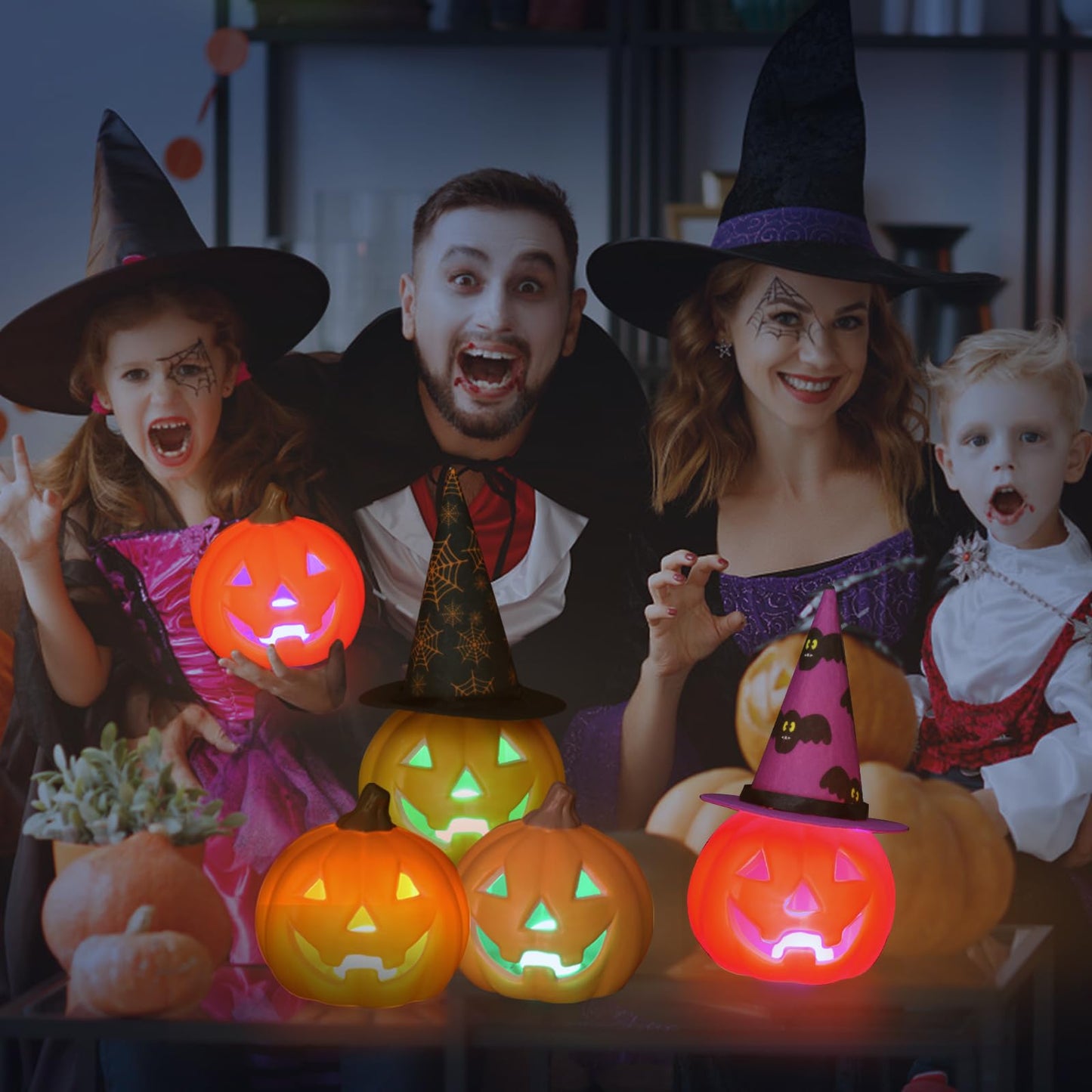 3 Pack Jack O Lantern, Lighted Pumpkin with Hat Halloween Decorations, Waterproof Indoor Outdoor Table Ornaments for Home Party Decor (Hat Pumpkin)