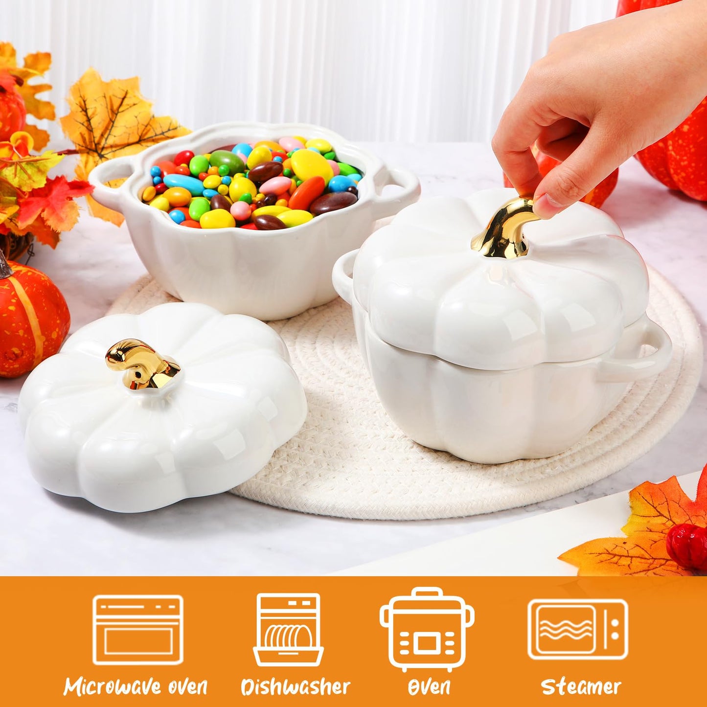 Yaomiao 6 Pcs Pumpkin Ceramic Bowl 15 oz Pumpkin Soup Bowl Pumpkin Shape Storage Jar with Lid and Handles for Home Halloween Party Kitchen Tableware(White)