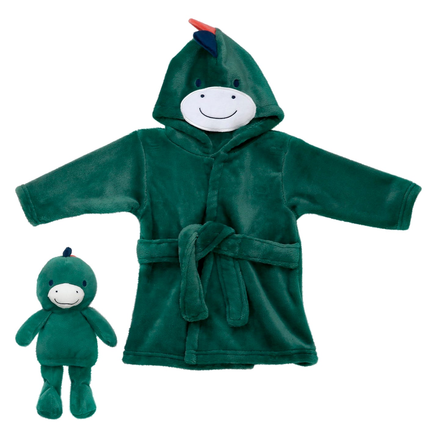 2 Piece Plush Robe and Toy Set for Baby witih Embroidered Hood, Plush Dino 8 inch Toy included, Infant 0-9M (Dinosaur, Green)