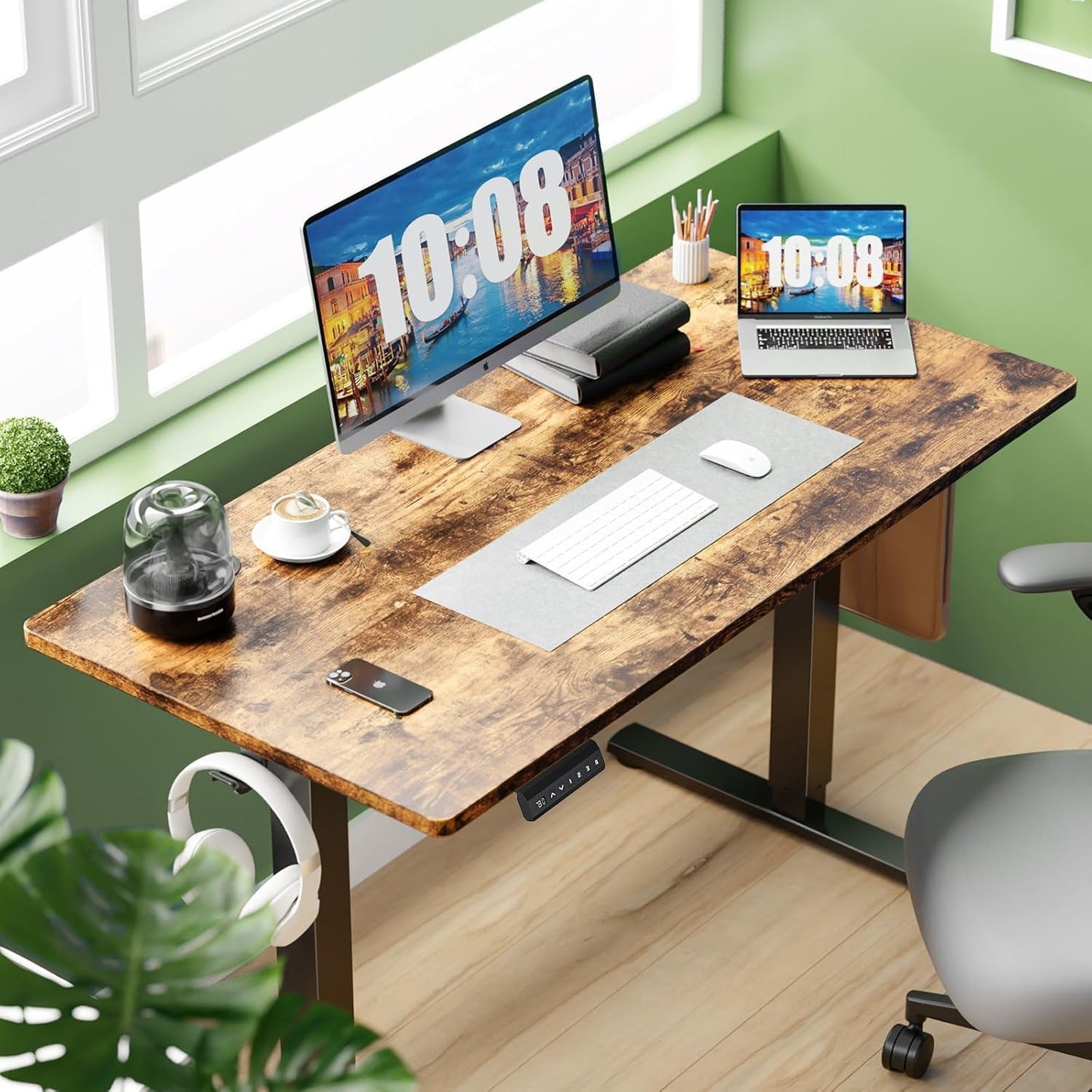 Whitmor Electric Standing Desk - 55 x 24 Inch Height Adjustable Computer Desk, Sit to Stand Home Office Table with Splice Board, 2 Hooks & Wire Hole, Brown