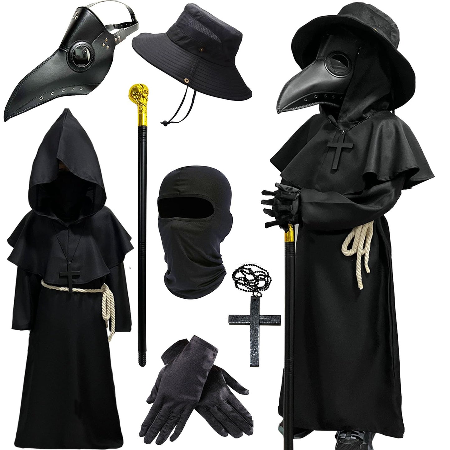 Wakejoy Plague Doctor Costume for Kids 7 in 1 Set Halloween Costumes for Boys Girls Halloween Outfit (Small-120)